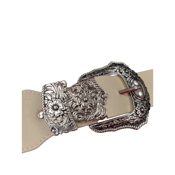 VTG Beige floral double buckle silver plated stretch wms belt SKU 9915 main image 8